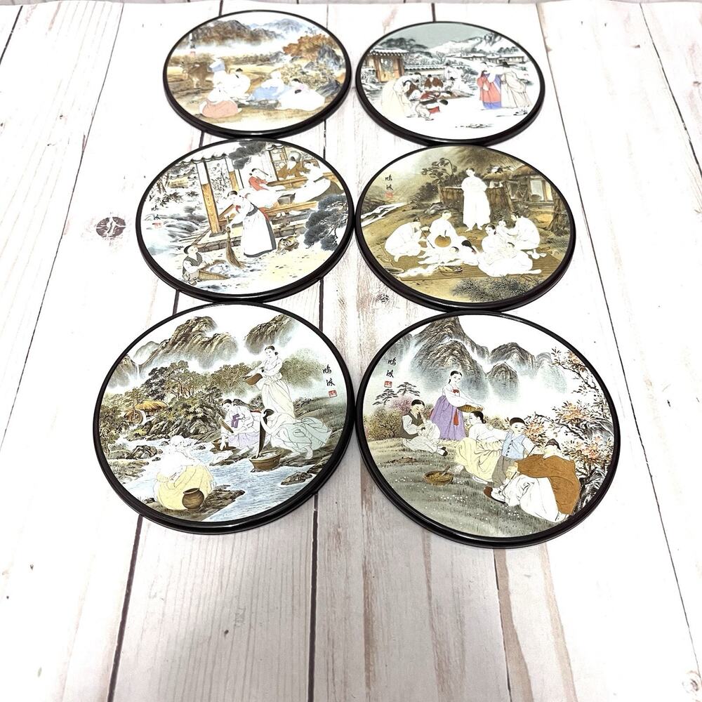 Vintage lot of 6 Kim Jong Rae 4” Asian Scenes Cork Backed Coasters Korean